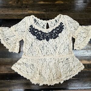 Free People Ivory Lace Peplum Top with Black Appliqué – Boho Festival Style XS